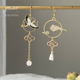 Crane Earrings with White Clouds and Waves - Sun and Cloud Japanese Asymmetrical Asymmetrical unique earrings Dangle - Oriental earrings